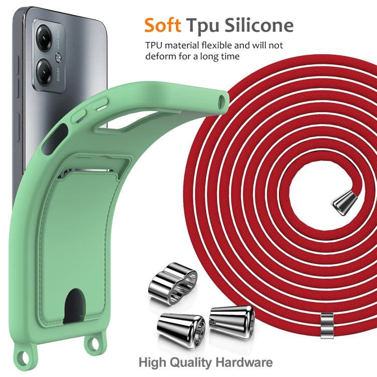 For Motorola Moto G14 Integrated Card Bag Solid Color Liquid Silicone Phone Case with Lanyard