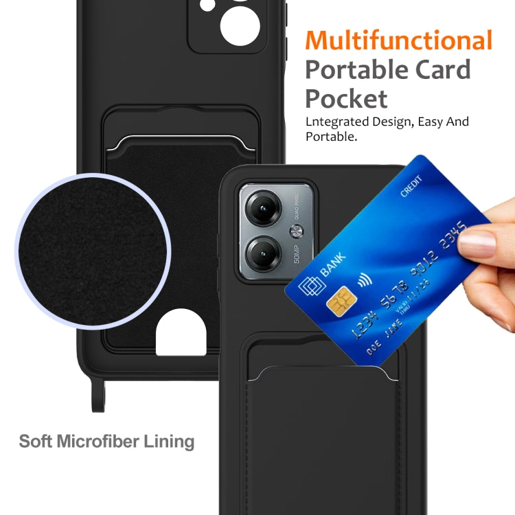 For Motorola Moto G14 Integrated Card Bag Solid Color Liquid Silicone Phone Case with Lanyard