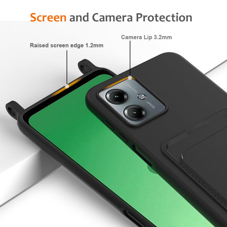 For Motorola Moto G14 Integrated Card Bag Solid Color Liquid Silicone Phone Case with Lanyard