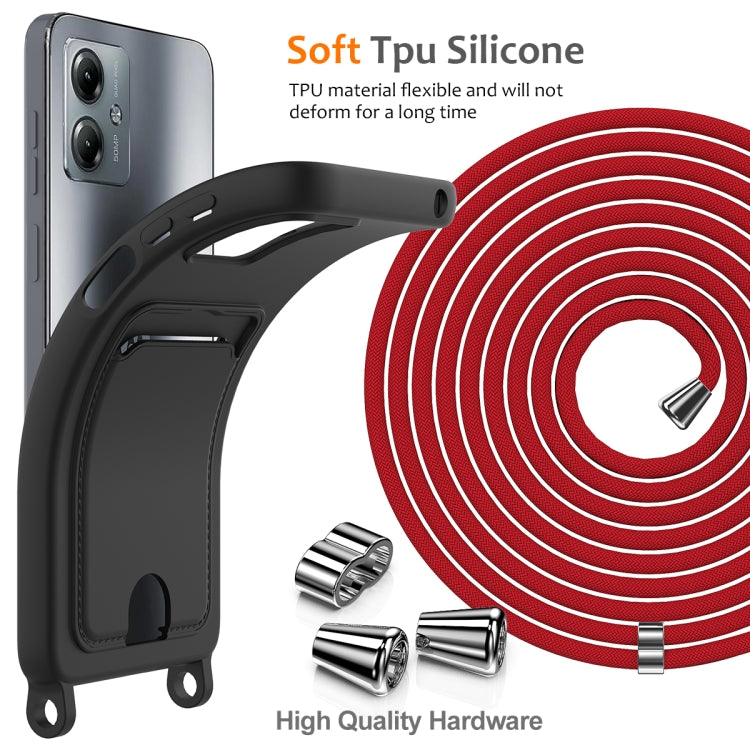 For Motorola Moto G14 Integrated Card Bag Solid Color Liquid Silicone Phone Case with Lanyard