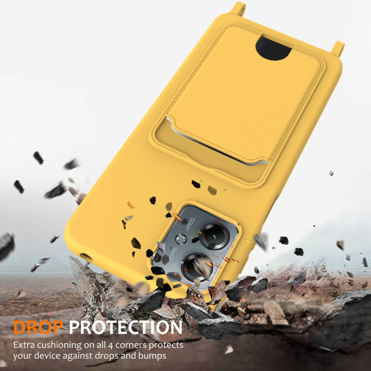 For Motorola Moto G14 Integrated Card Bag Solid Color Liquid Silicone Phone Case with Lanyard