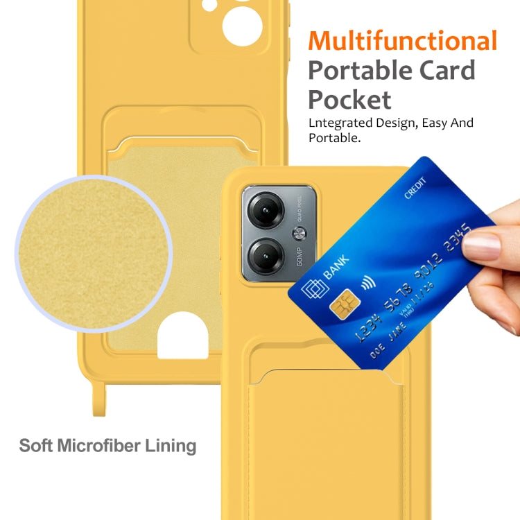 For Motorola Moto G14 Integrated Card Bag Solid Color Liquid Silicone Phone Case with Lanyard