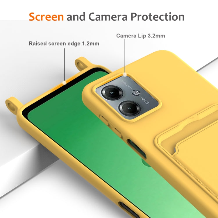 For Motorola Moto G14 Integrated Card Bag Solid Color Liquid Silicone Phone Case with Lanyard