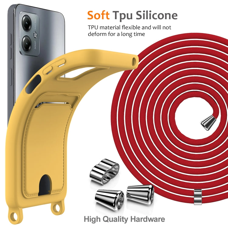 For Motorola Moto G14 Integrated Card Bag Solid Color Liquid Silicone Phone Case with Lanyard
