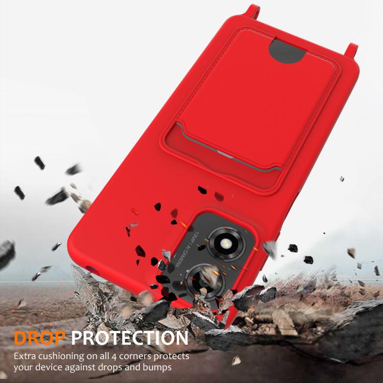 For Motorola Moto E14 4G Integrated Card Bag Solid Color Liquid Silicone Phone Case with Lanyard