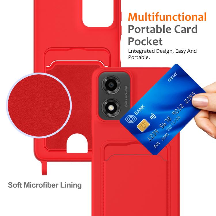 For Motorola Moto E14 4G Integrated Card Bag Solid Color Liquid Silicone Phone Case with Lanyard