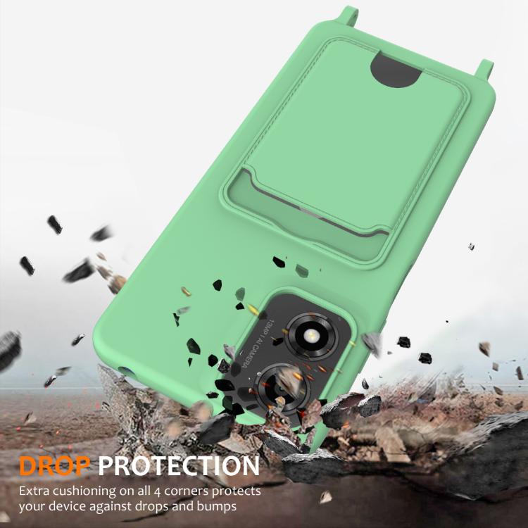 For Motorola Moto E14 4G Integrated Card Bag Solid Color Liquid Silicone Phone Case with Lanyard