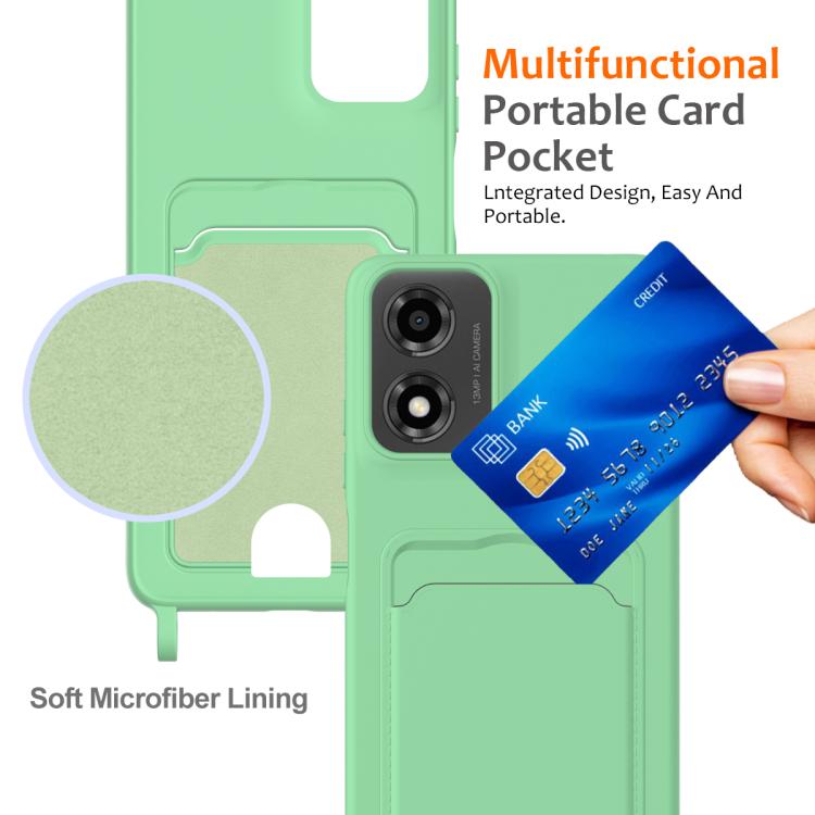 For Motorola Moto E14 4G Integrated Card Bag Solid Color Liquid Silicone Phone Case with Lanyard
