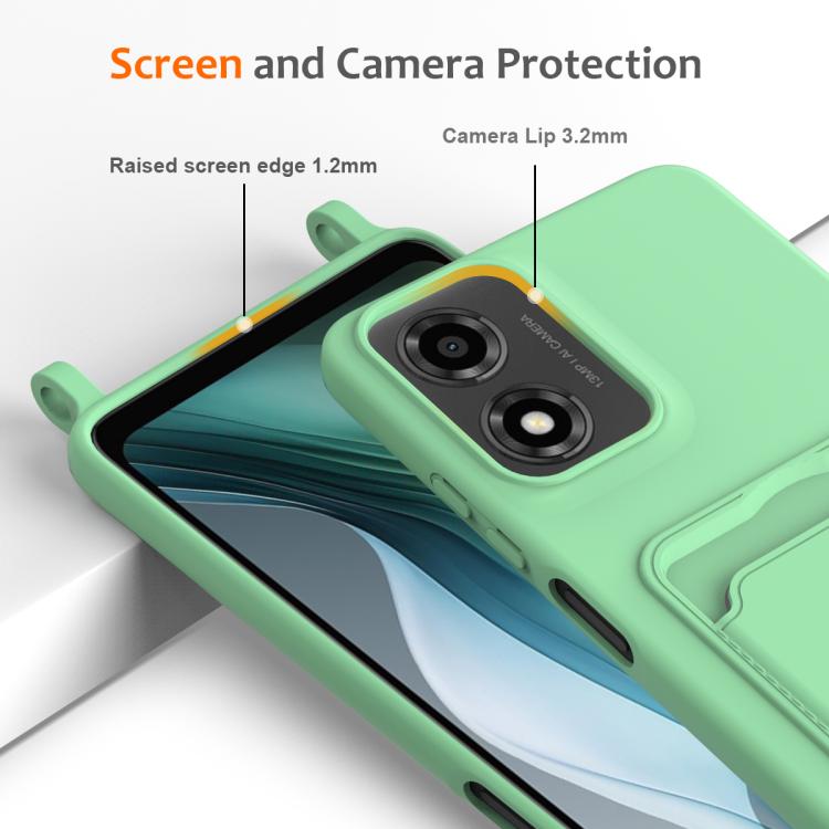 For Motorola Moto E14 4G Integrated Card Bag Solid Color Liquid Silicone Phone Case with Lanyard