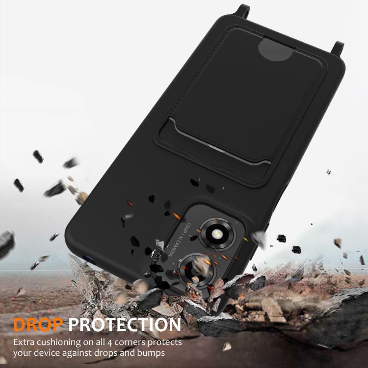 For Motorola Moto E14 4G Integrated Card Bag Solid Color Liquid Silicone Phone Case with Lanyard