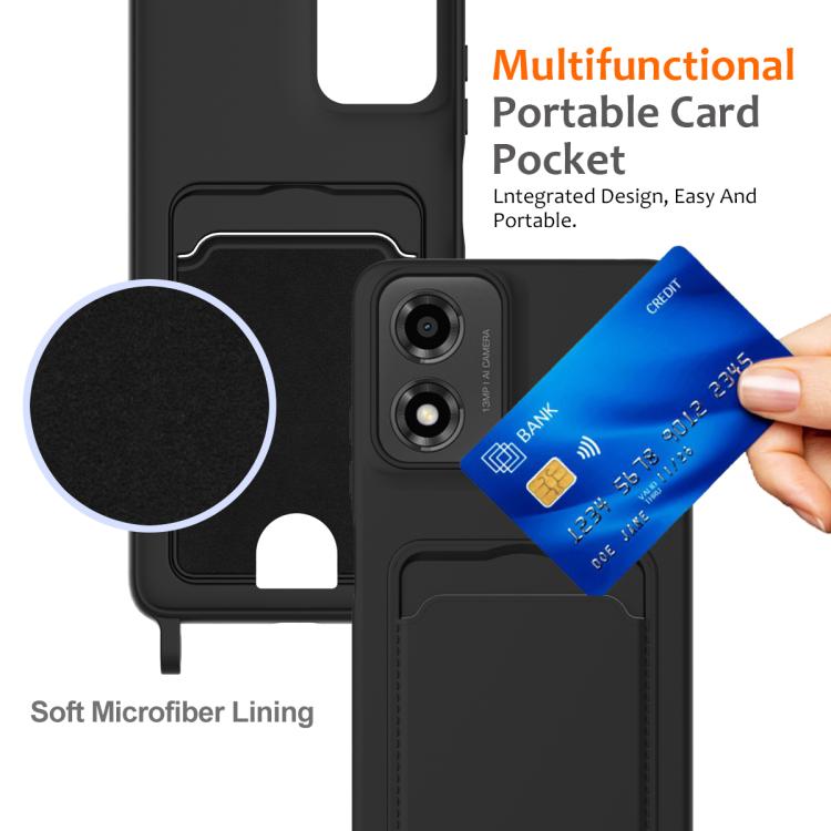 For Motorola Moto E14 4G Integrated Card Bag Solid Color Liquid Silicone Phone Case with Lanyard