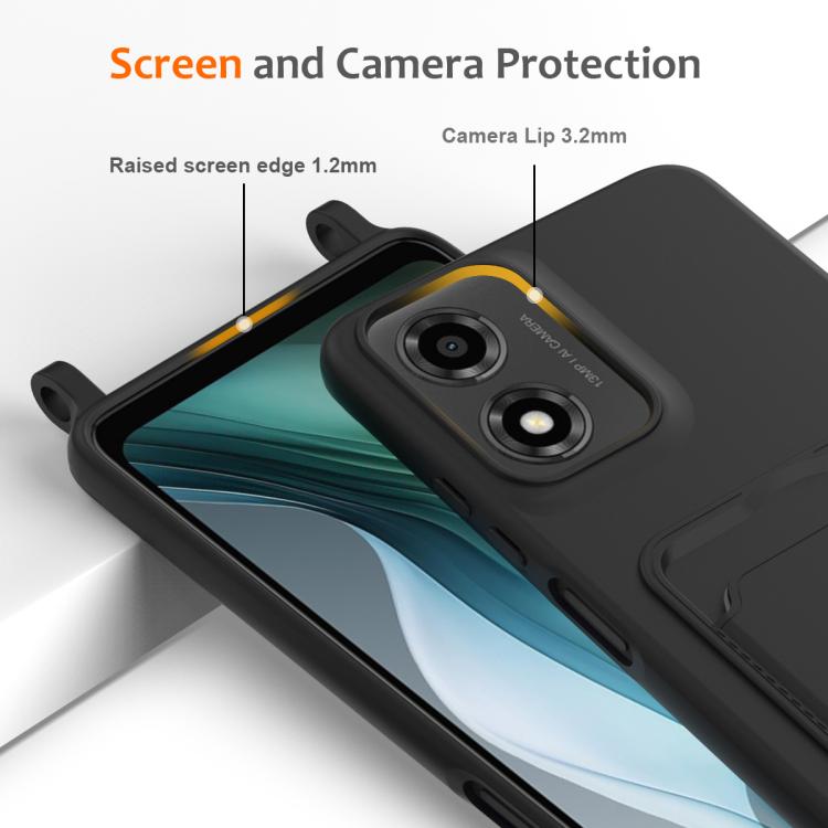 For Motorola Moto E14 4G Integrated Card Bag Solid Color Liquid Silicone Phone Case with Lanyard