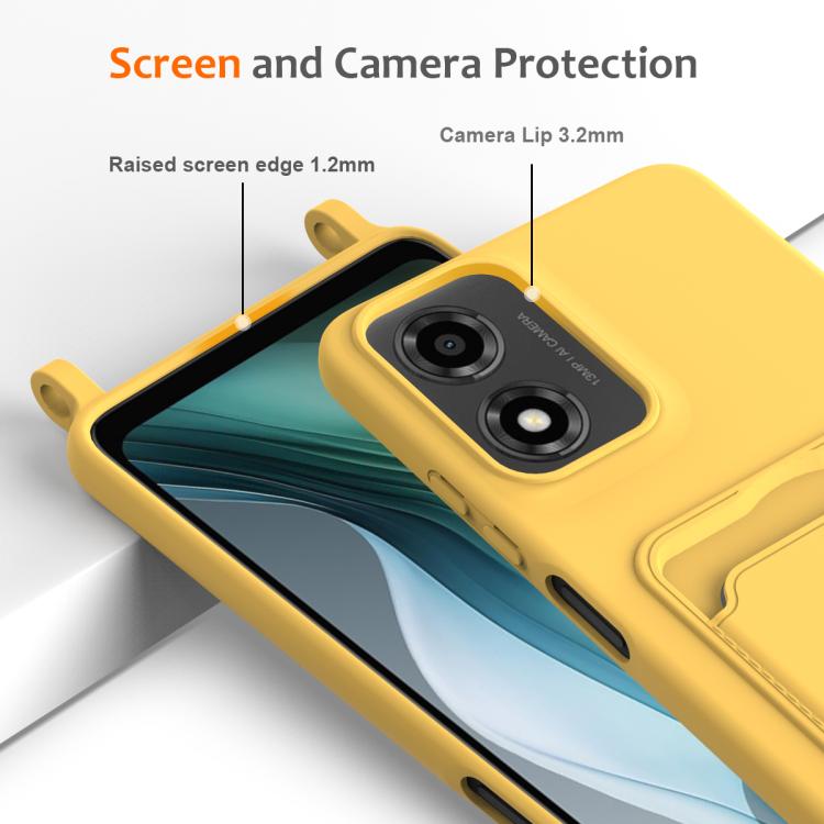 For Motorola Moto E14 4G Integrated Card Bag Solid Color Liquid Silicone Phone Case with Lanyard