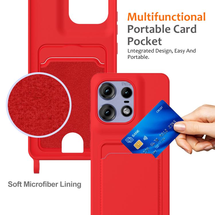 For Motorola Edge 50 Pro Integrated Card Bag Solid Color Liquid Silicone Phone Case with Lanyard