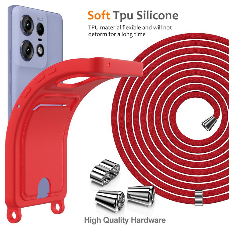 For Motorola Edge 50 Pro Integrated Card Bag Solid Color Liquid Silicone Phone Case with Lanyard
