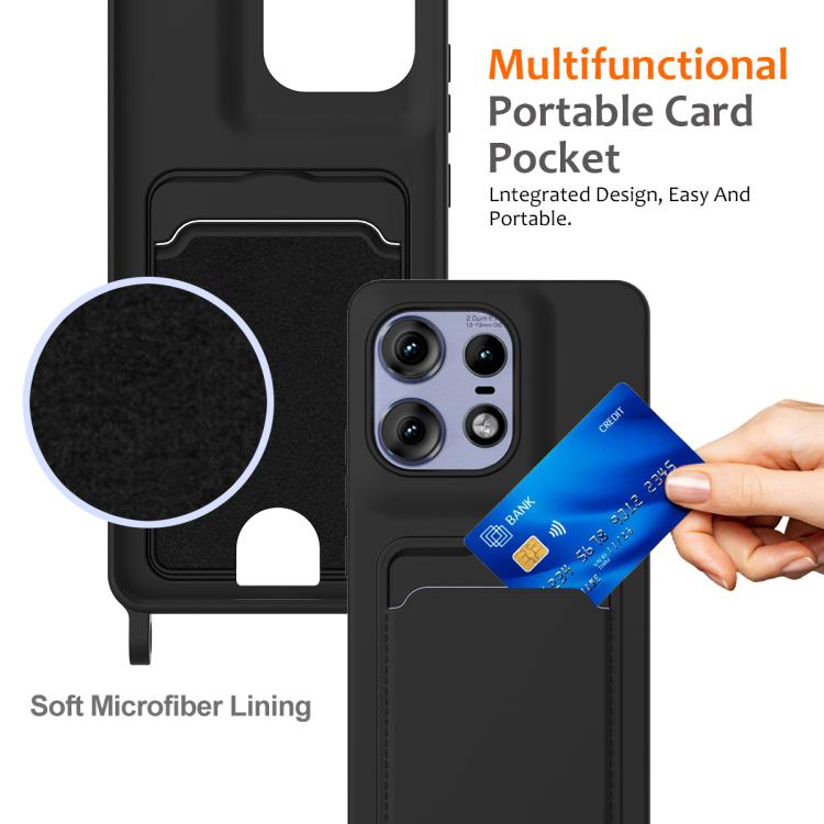 For Motorola Edge 50 Pro Integrated Card Bag Solid Color Liquid Silicone Phone Case with Lanyard