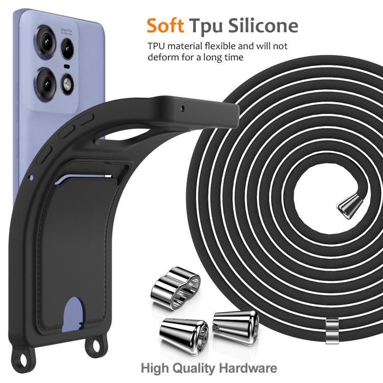 For Motorola Edge 50 Pro Integrated Card Bag Solid Color Liquid Silicone Phone Case with Lanyard