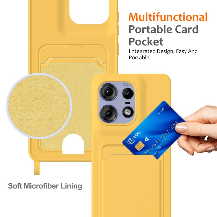 For Motorola Edge 50 Pro Integrated Card Bag Solid Color Liquid Silicone Phone Case with Lanyard