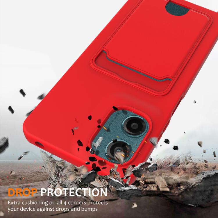 For Motorola Moto G05 / E15 4G Integrated Card Bag Solid Color Liquid Silicone Phone Case with Lanyard