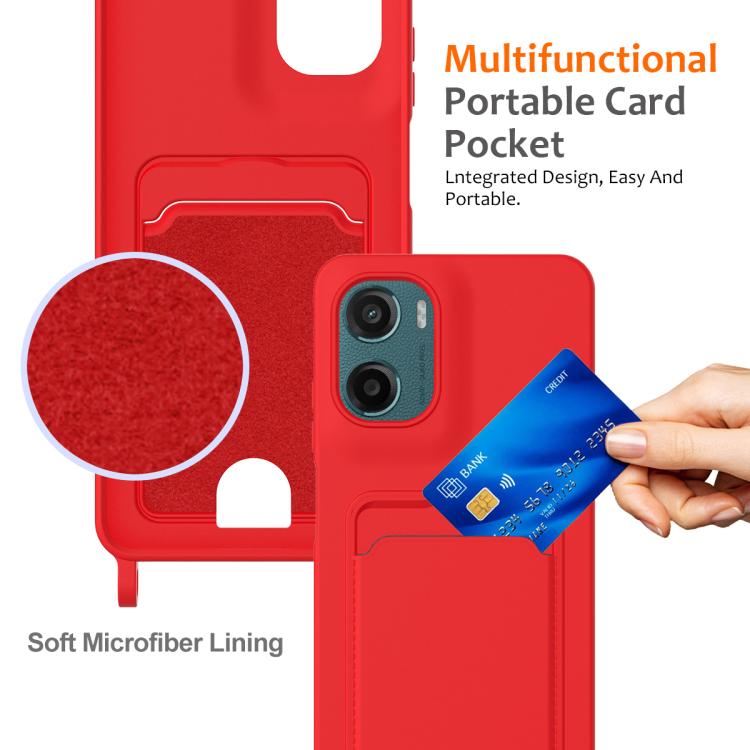 For Motorola Moto G05 / E15 4G Integrated Card Bag Solid Color Liquid Silicone Phone Case with Lanyard