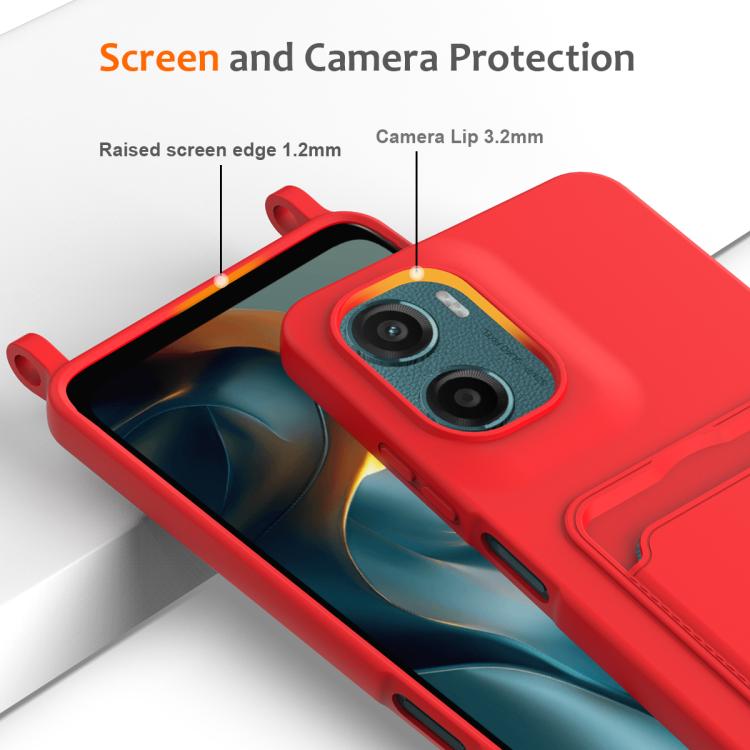 For Motorola Moto G05 / E15 4G Integrated Card Bag Solid Color Liquid Silicone Phone Case with Lanyard