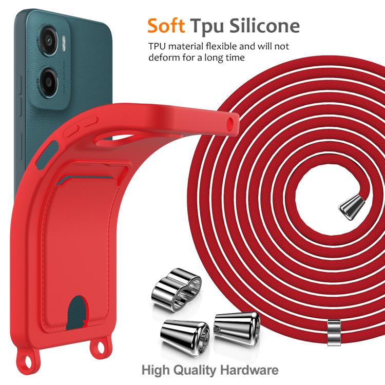 For Motorola Moto G05 / E15 4G Integrated Card Bag Solid Color Liquid Silicone Phone Case with Lanyard