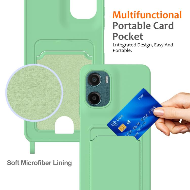 For Motorola Moto G05 / E15 4G Integrated Card Bag Solid Color Liquid Silicone Phone Case with Lanyard