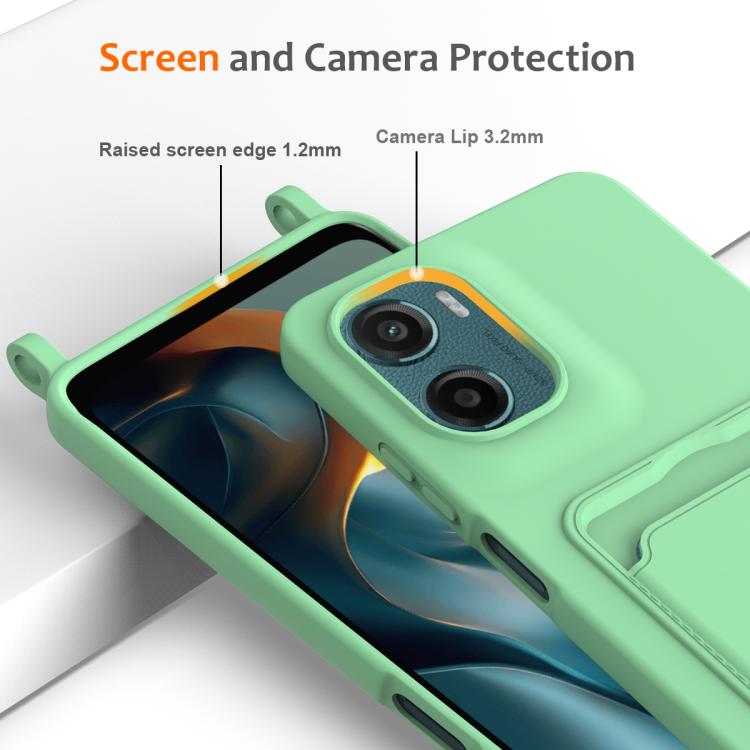 For Motorola Moto G05 / E15 4G Integrated Card Bag Solid Color Liquid Silicone Phone Case with Lanyard