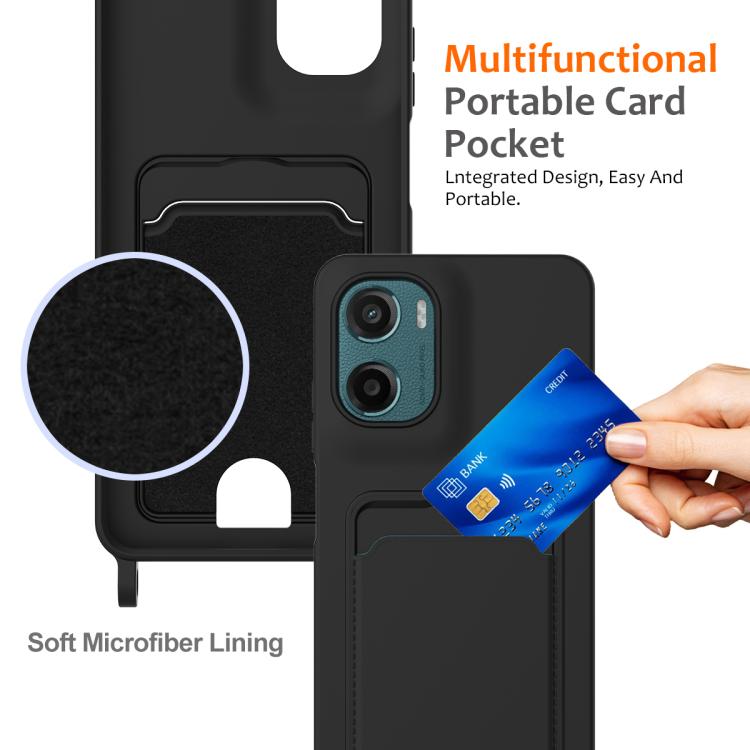 For Motorola Moto G05 / E15 4G Integrated Card Bag Solid Color Liquid Silicone Phone Case with Lanyard