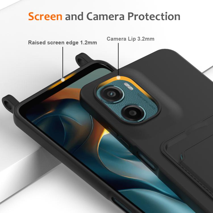 For Motorola Moto G05 / E15 4G Integrated Card Bag Solid Color Liquid Silicone Phone Case with Lanyard