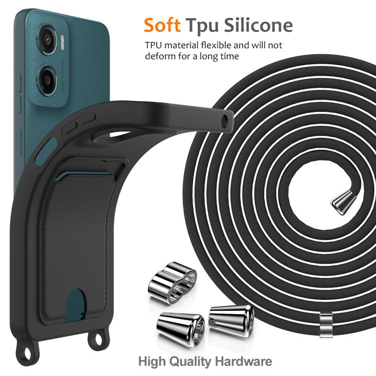 For Motorola Moto G05 / E15 4G Integrated Card Bag Solid Color Liquid Silicone Phone Case with Lanyard