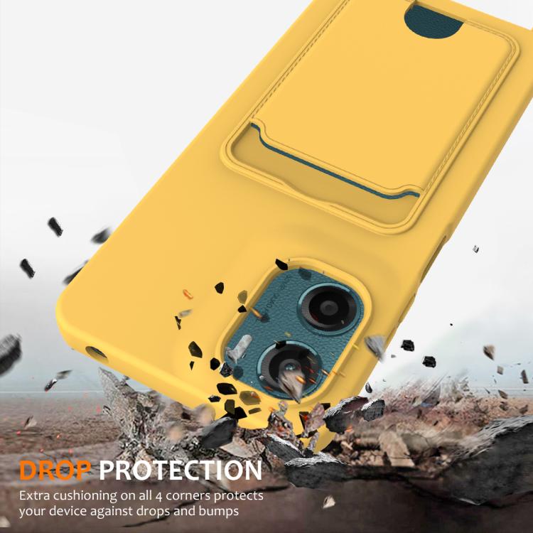 For Motorola Moto G05 / E15 4G Integrated Card Bag Solid Color Liquid Silicone Phone Case with Lanyard