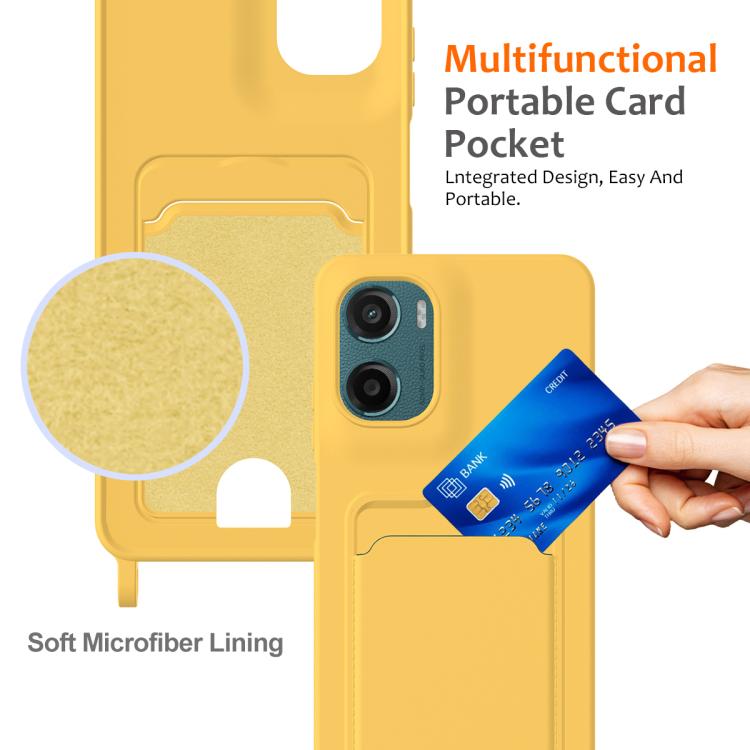 For Motorola Moto G05 / E15 4G Integrated Card Bag Solid Color Liquid Silicone Phone Case with Lanyard