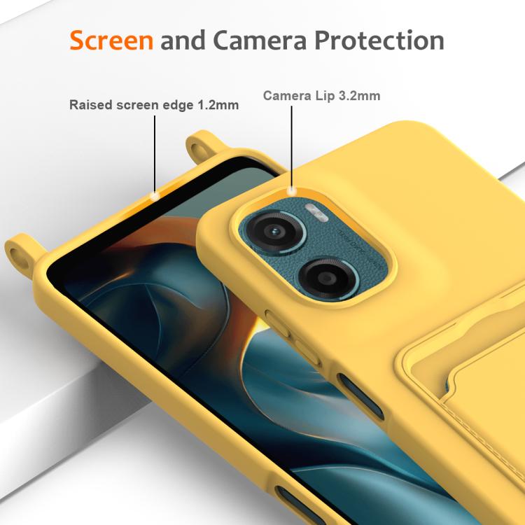 For Motorola Moto G05 / E15 4G Integrated Card Bag Solid Color Liquid Silicone Phone Case with Lanyard
