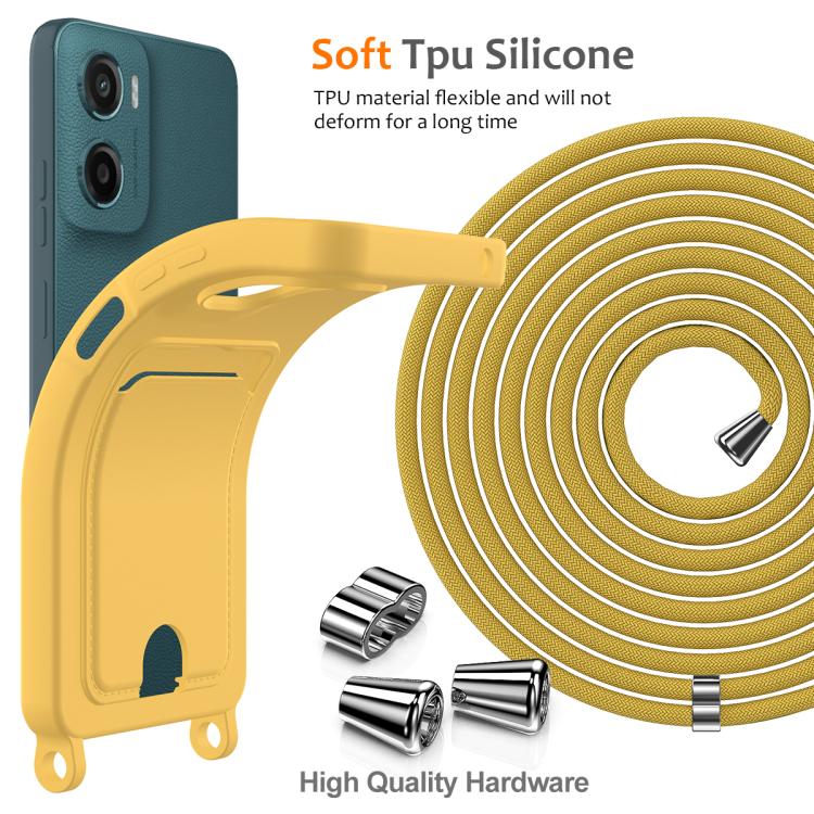 For Motorola Moto G05 / E15 4G Integrated Card Bag Solid Color Liquid Silicone Phone Case with Lanyard