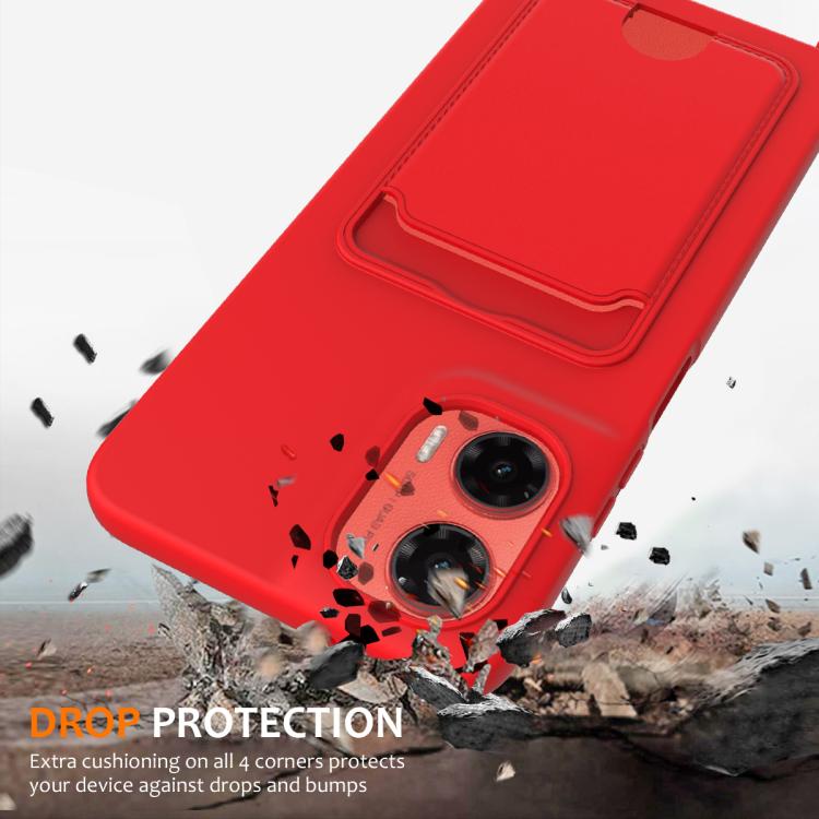 For Motorola Moto G35 Integrated Card Bag Solid Color Liquid Silicone Phone Case with Lanyard