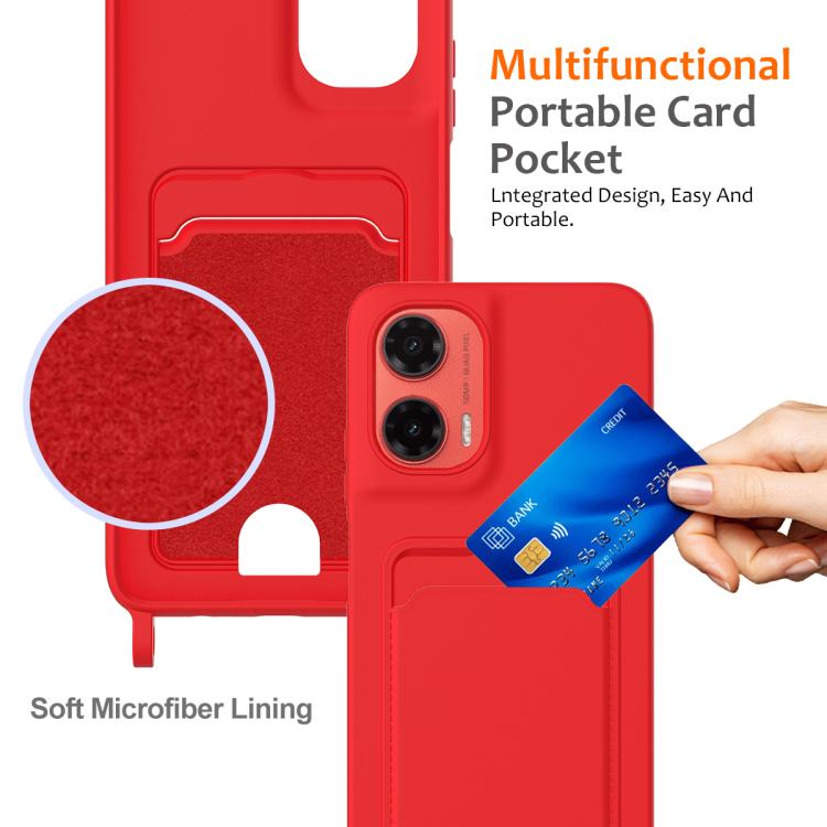 For Motorola Moto G35 Integrated Card Bag Solid Color Liquid Silicone Phone Case with Lanyard