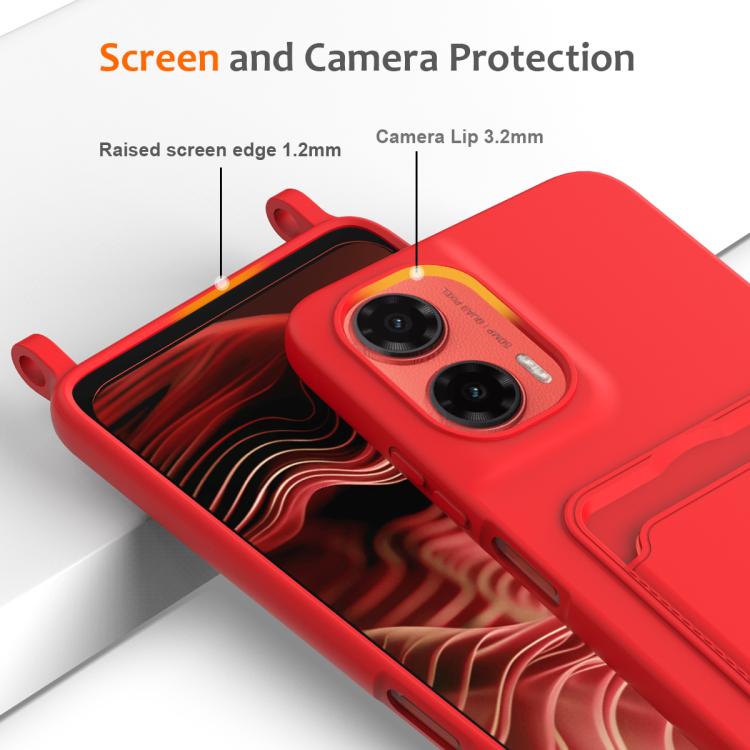 For Motorola Moto G35 Integrated Card Bag Solid Color Liquid Silicone Phone Case with Lanyard