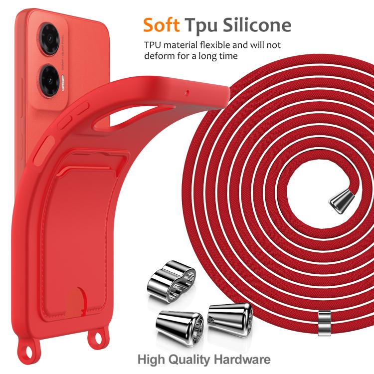 For Motorola Moto G35 Integrated Card Bag Solid Color Liquid Silicone Phone Case with Lanyard