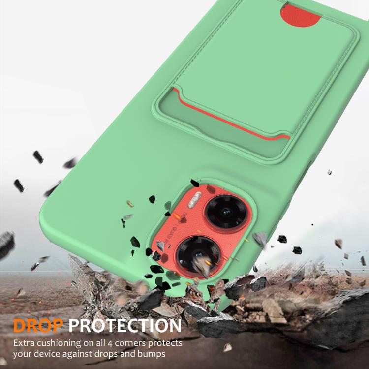 For Motorola Moto G35 Integrated Card Bag Solid Color Liquid Silicone Phone Case with Lanyard