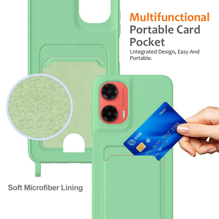 For Motorola Moto G35 Integrated Card Bag Solid Color Liquid Silicone Phone Case with Lanyard