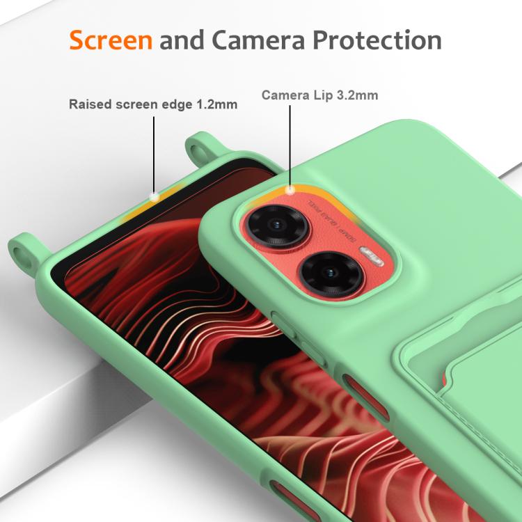 For Motorola Moto G35 Integrated Card Bag Solid Color Liquid Silicone Phone Case with Lanyard