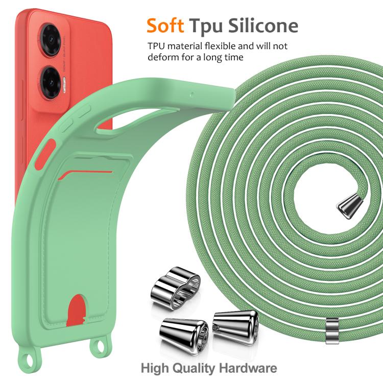 For Motorola Moto G35 Integrated Card Bag Solid Color Liquid Silicone Phone Case with Lanyard