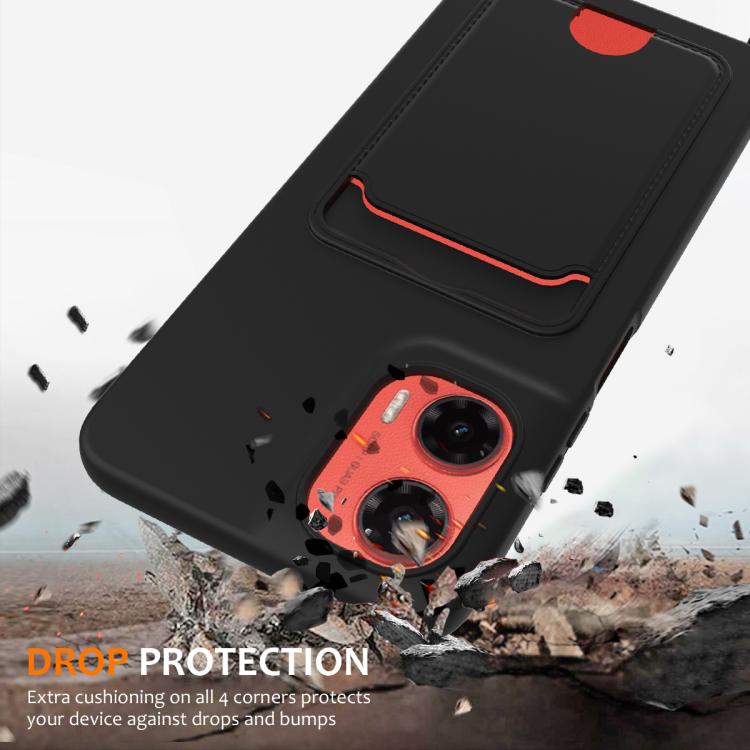 For Motorola Moto G35 Integrated Card Bag Solid Color Liquid Silicone Phone Case with Lanyard