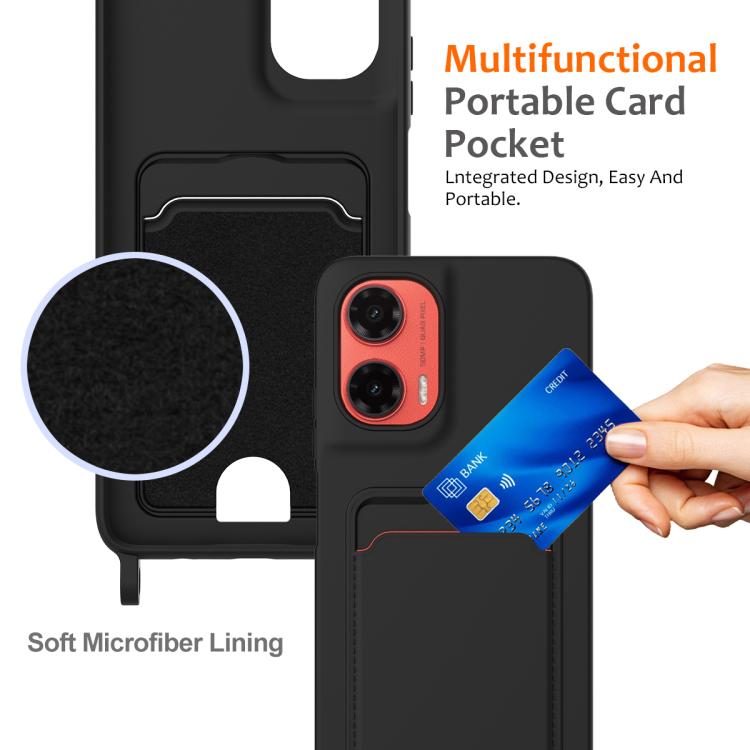 For Motorola Moto G35 Integrated Card Bag Solid Color Liquid Silicone Phone Case with Lanyard