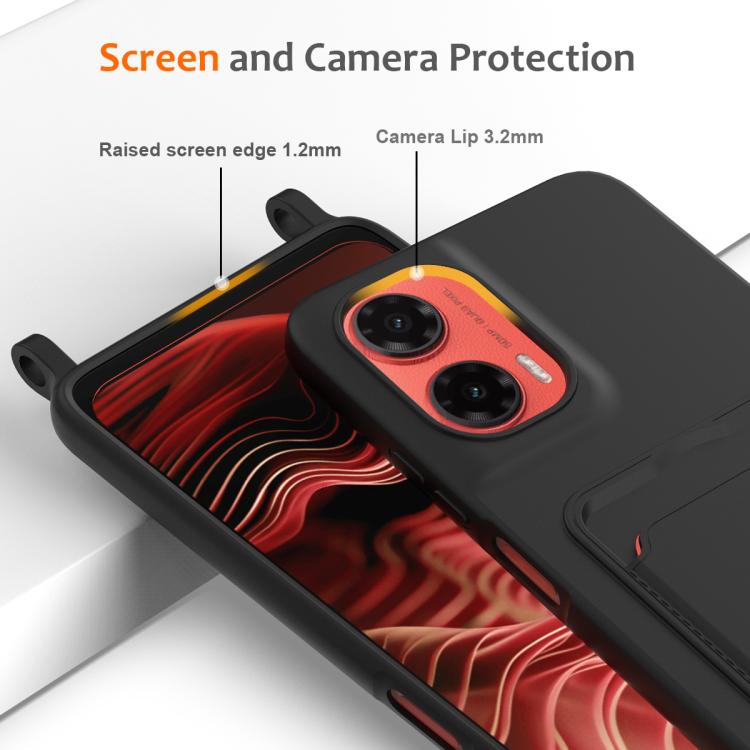 For Motorola Moto G35 Integrated Card Bag Solid Color Liquid Silicone Phone Case with Lanyard
