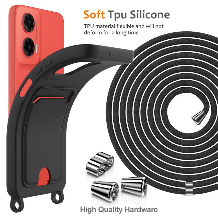 For Motorola Moto G35 Integrated Card Bag Solid Color Liquid Silicone Phone Case with Lanyard