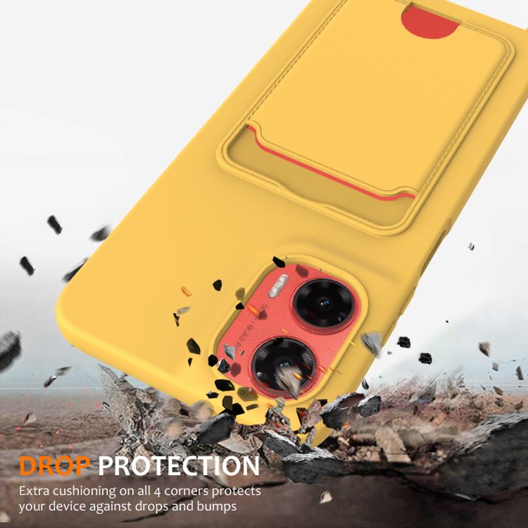 For Motorola Moto G35 Integrated Card Bag Solid Color Liquid Silicone Phone Case with Lanyard