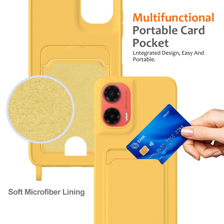 For Motorola Moto G35 Integrated Card Bag Solid Color Liquid Silicone Phone Case with Lanyard