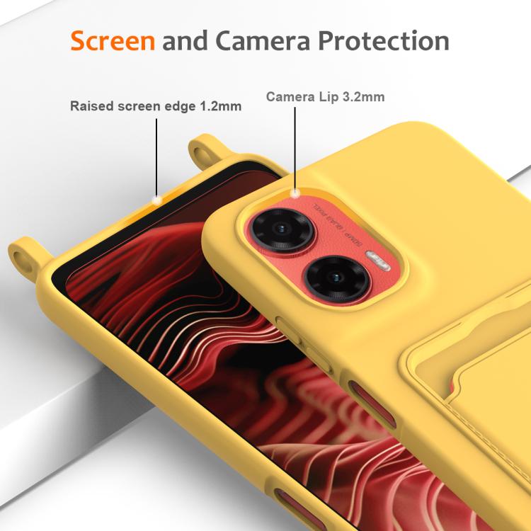 For Motorola Moto G35 Integrated Card Bag Solid Color Liquid Silicone Phone Case with Lanyard